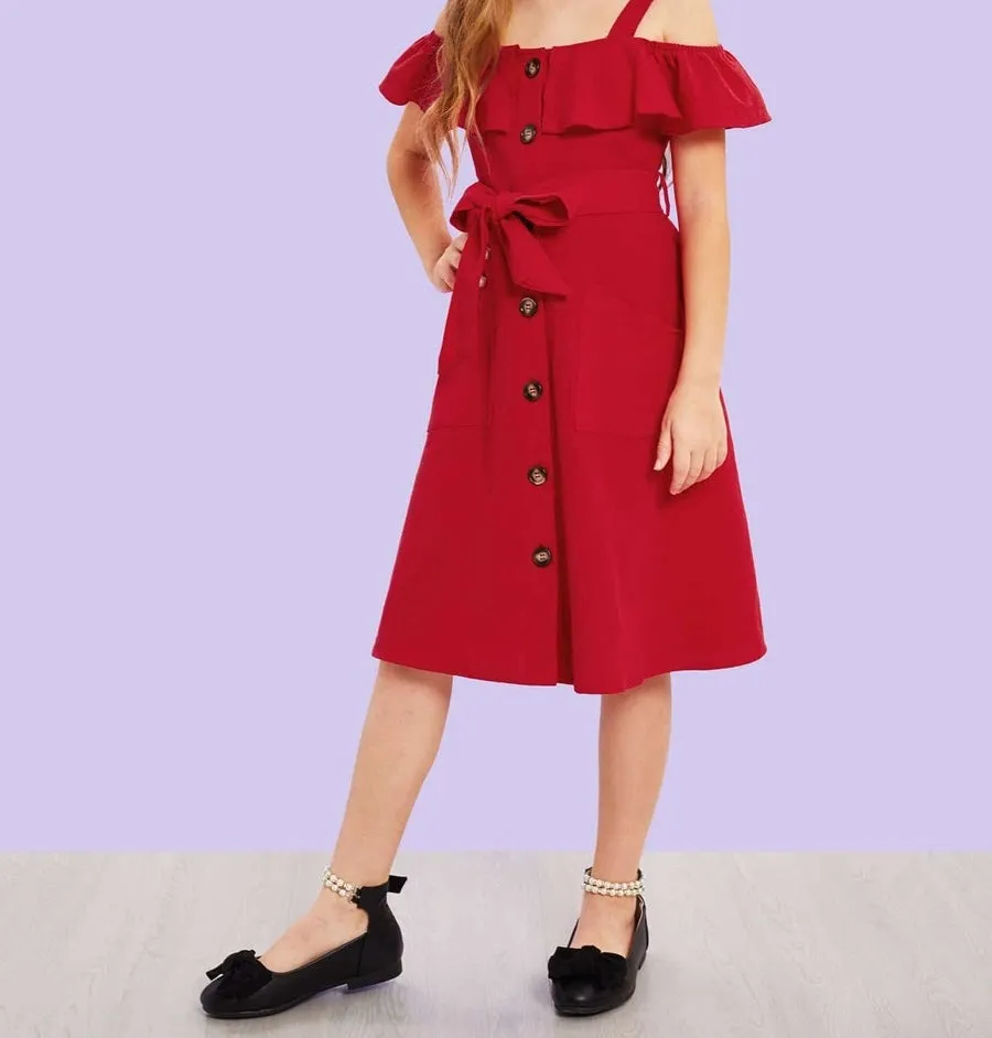 Girls Cold Shoulder Belted Dress