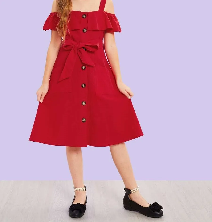 Girls Cold Shoulder Belted Dress