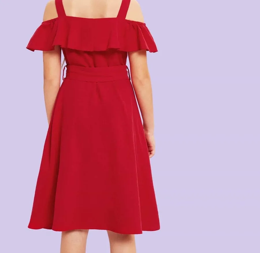 Girls Cold Shoulder Belted Dress