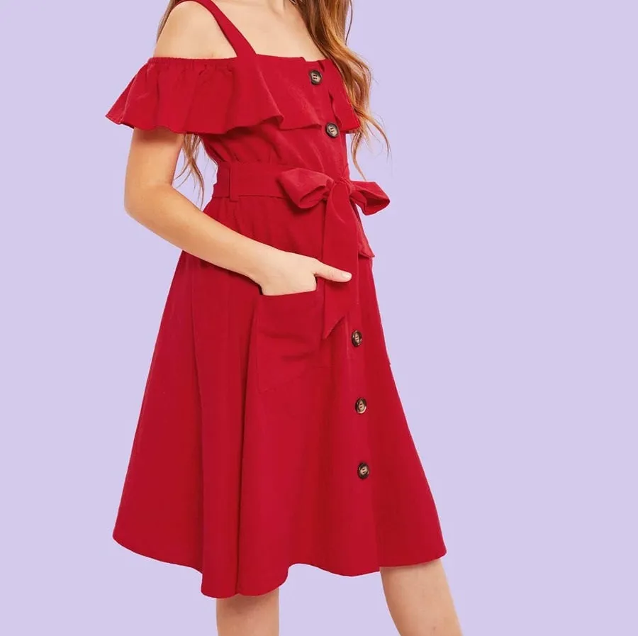 Girls Cold Shoulder Belted Dress
