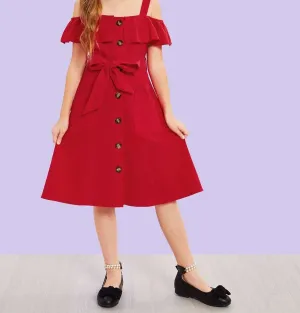 Girls Cold Shoulder Belted Dress