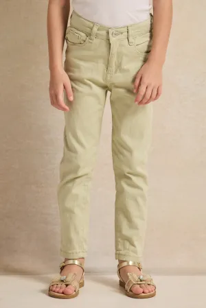 Girls Green Embroidered Slim Fit Trousers
