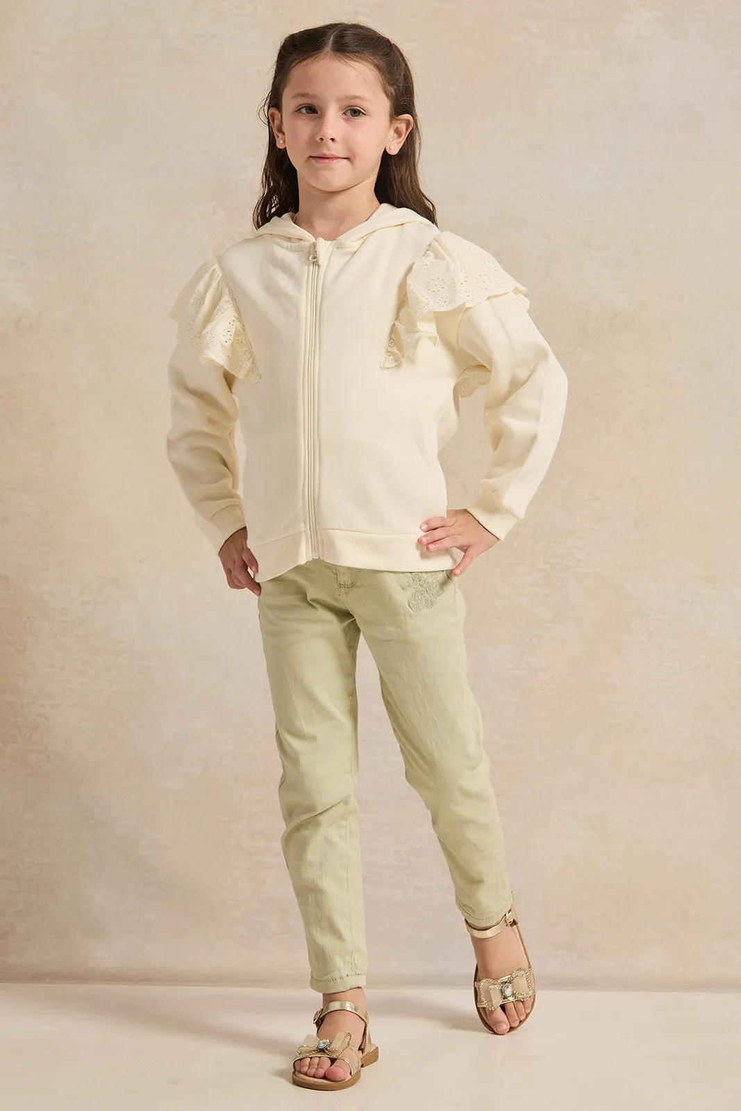 Girls Green Embroidered Slim Fit Trousers