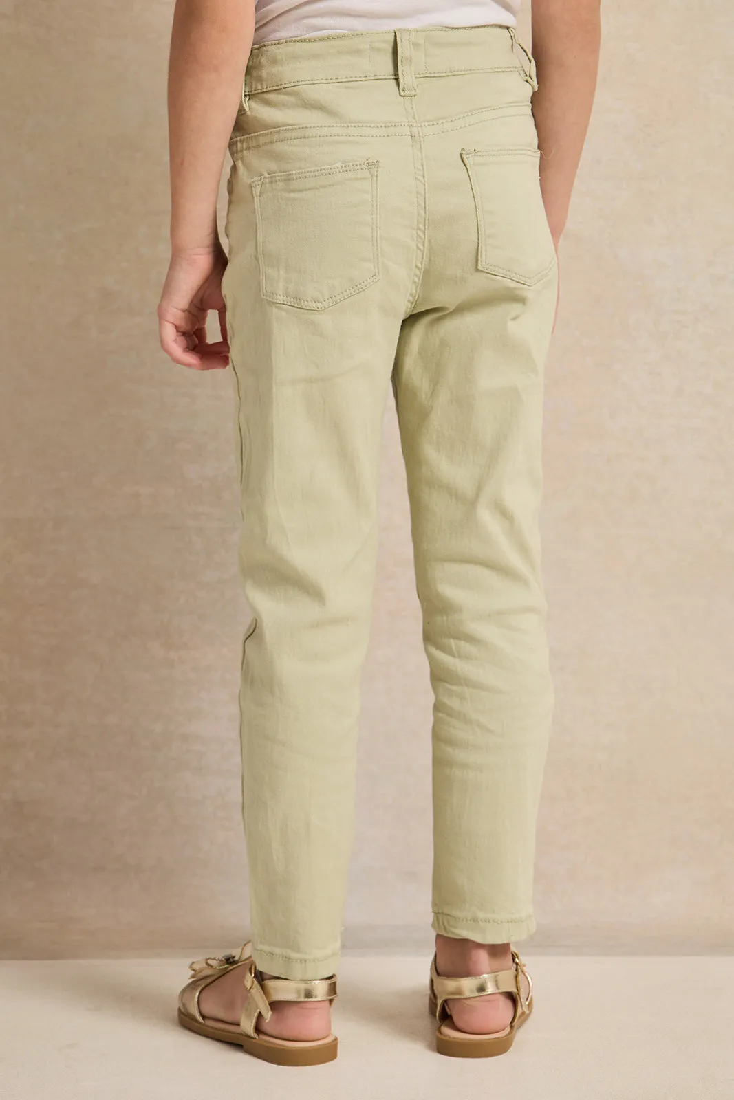 Girls Green Embroidered Slim Fit Trousers