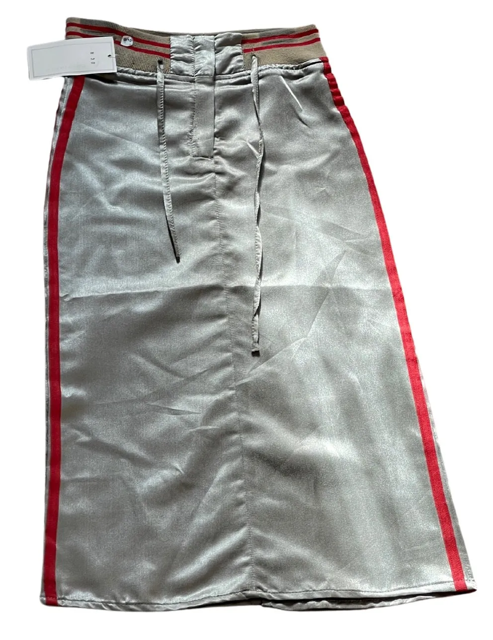 Girls Metallic Grey Thick Elasticated Waist Belted Side Stripe Midi Skirts