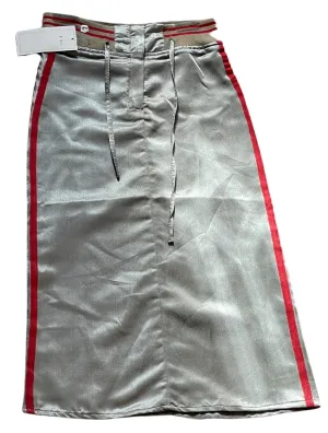 Girls Metallic Grey Thick Elasticated Waist Belted Side Stripe Midi Skirts
