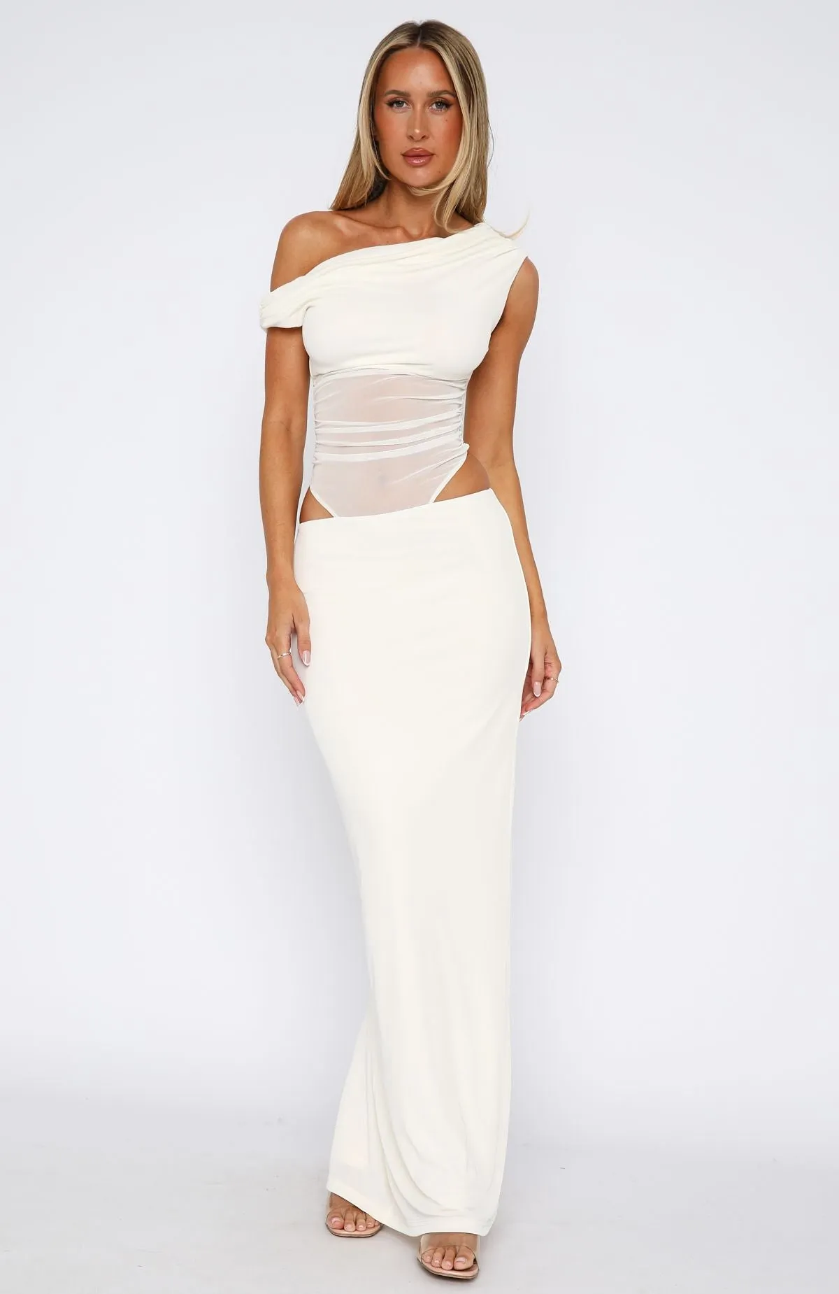 Girls Night Maxi Dress White Ribbed collar Shape Retention Fabric