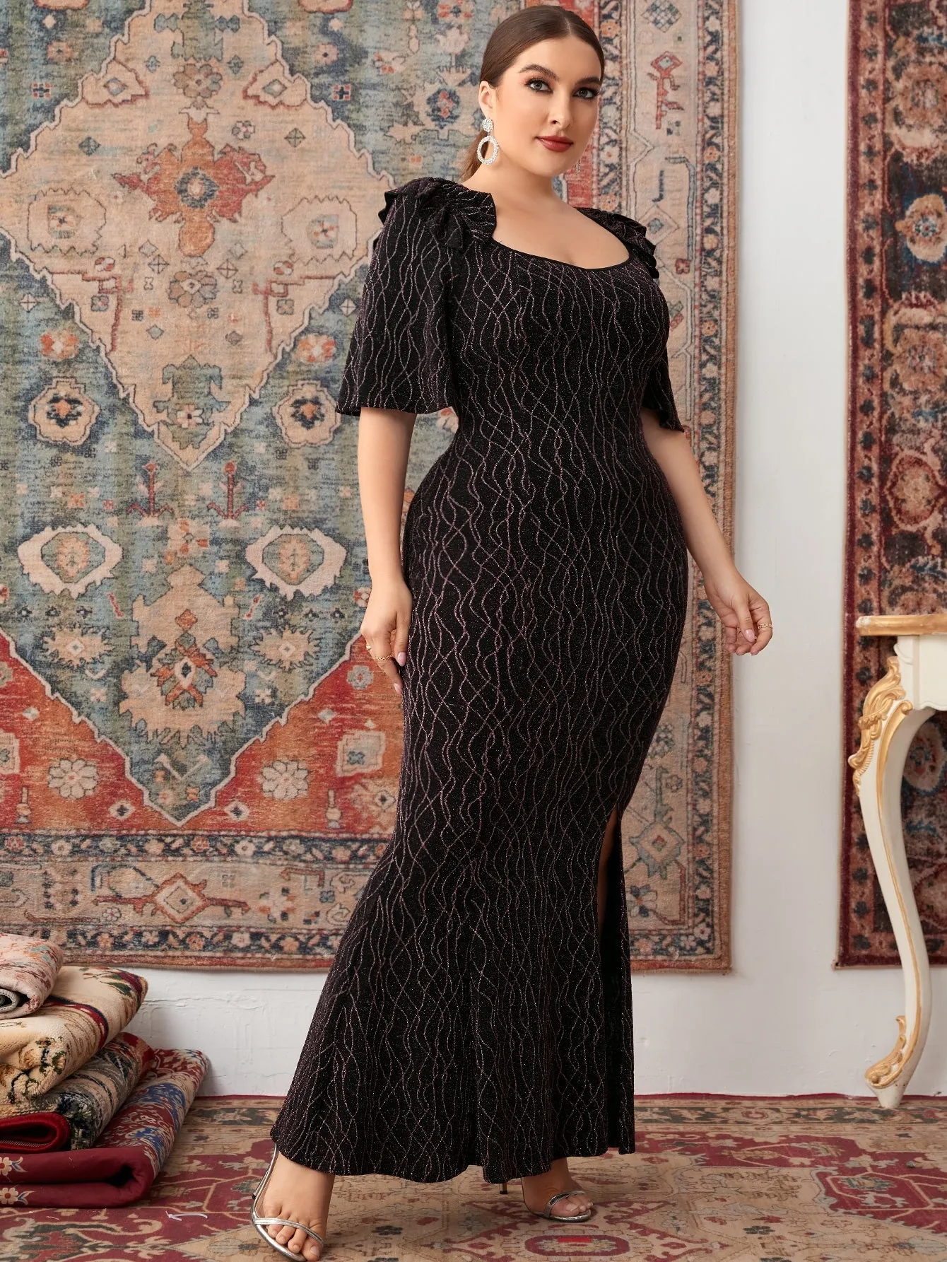 Glamorous All Over Print Split Short Sleeve Scoop Neck Mermaid High Waist Maxi Plus Size Dress