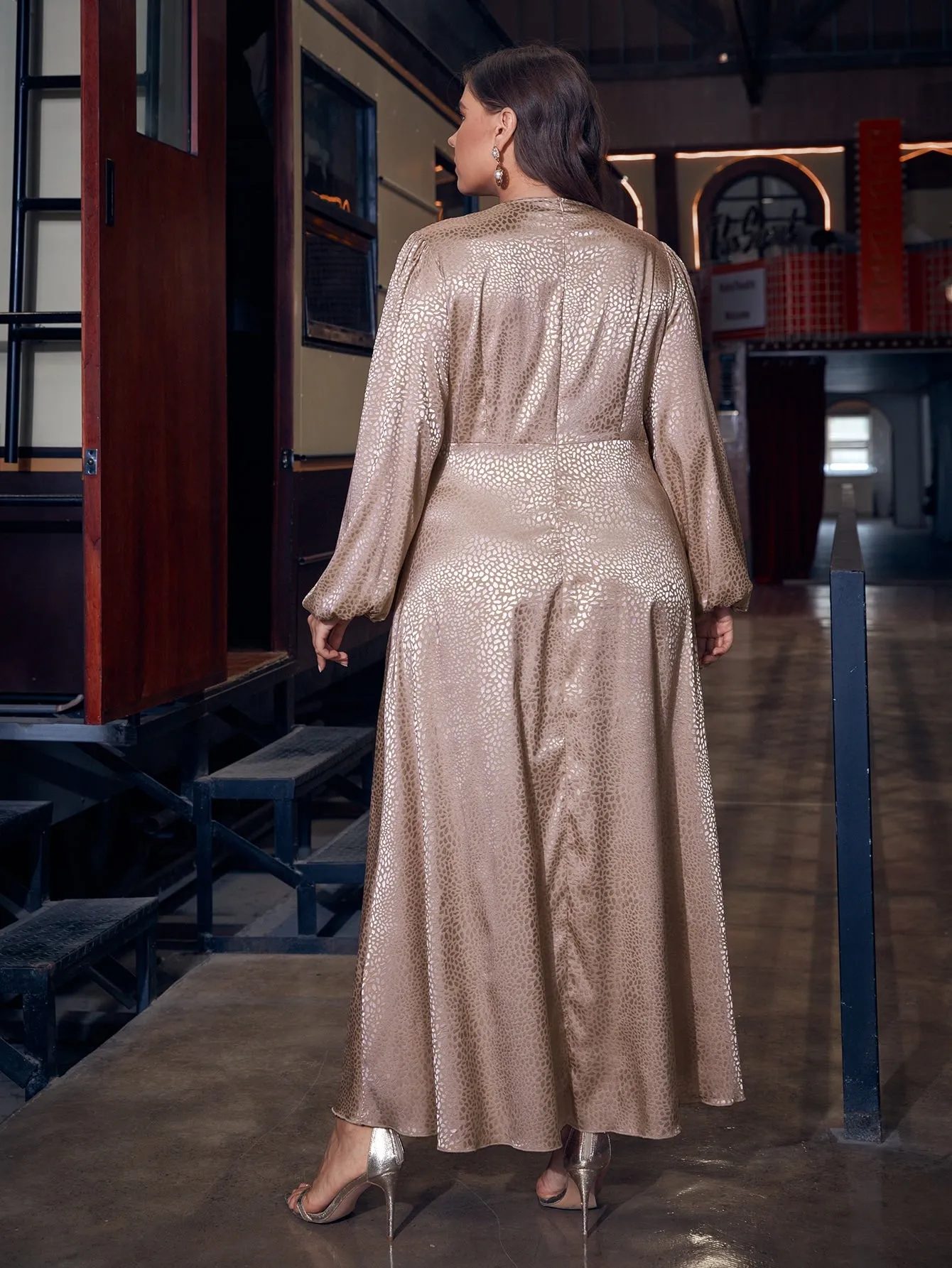 Glamorous All Over Print Wrap Long Sleeve Round Neck Wrap High Waist Maxi Plus Size Dress