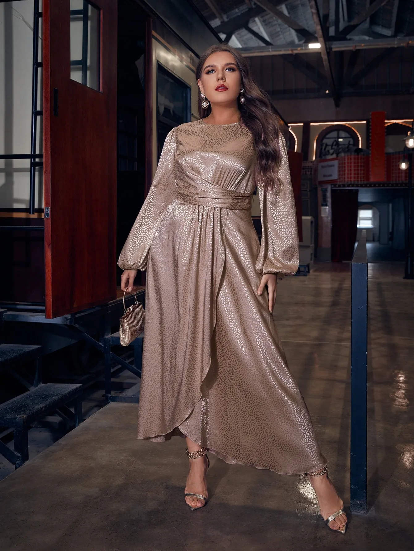 Glamorous All Over Print Wrap Long Sleeve Round Neck Wrap High Waist Maxi Plus Size Dress