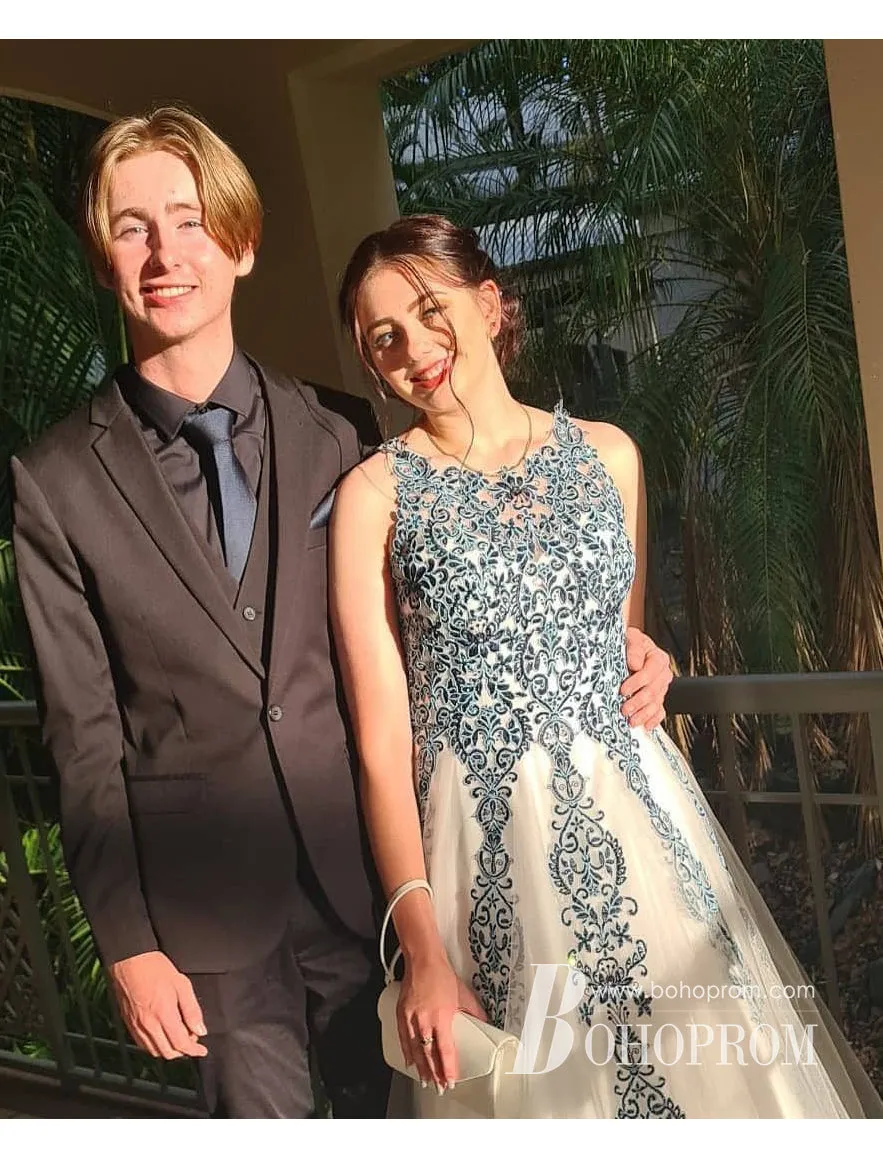 Glamorous Illusion Scoop A-line Floor-length Prom Dresses Tulle Appliqued Gowns PD683