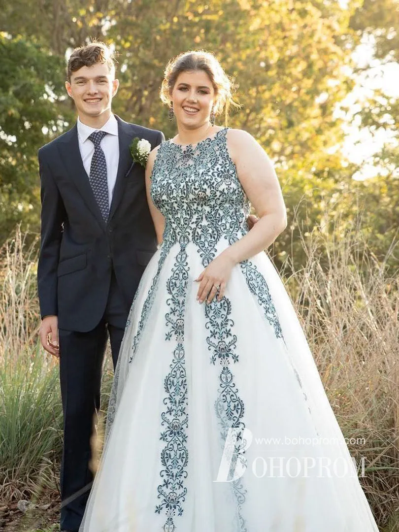 Glamorous Illusion Scoop A-line Floor-length Prom Dresses Tulle Appliqued Gowns PD683