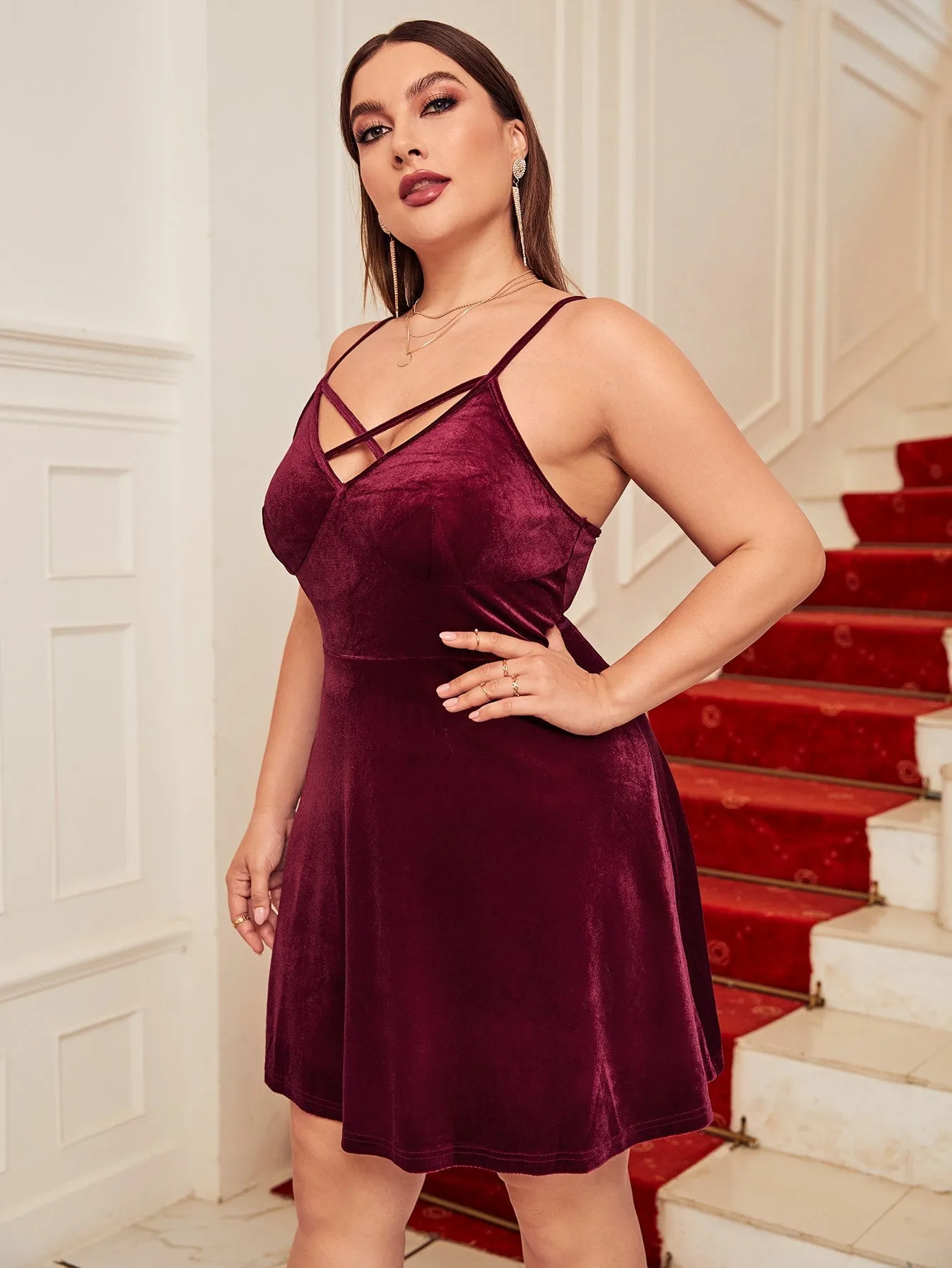 Glamorous Plain Criss Cross Sleeveless Spaghetti Strap Flared High Waist Short Plus Size Dress