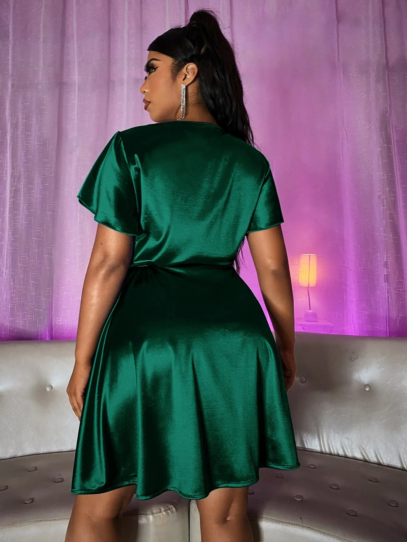 Glamorous Plain Tie Front Short Sleeve V Neck Wrap High Waist Short Plus Size Dress