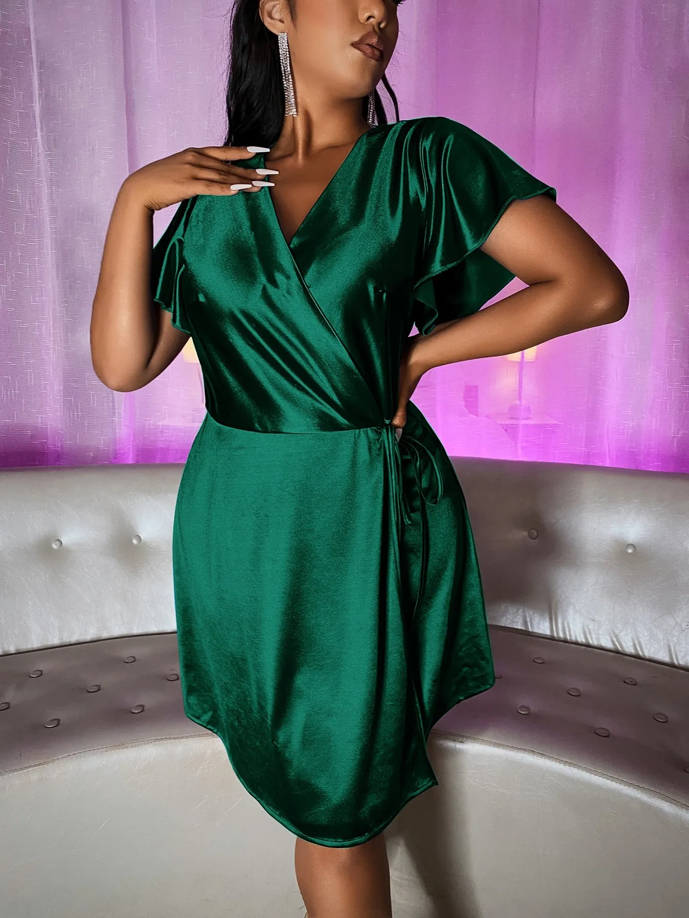 Glamorous Plain Tie Front Short Sleeve V Neck Wrap High Waist Short Plus Size Dress