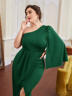 Glamorous Plain Wrap Long Sleeve One Shoulder Wrap High Waist Long Plus Size Dress