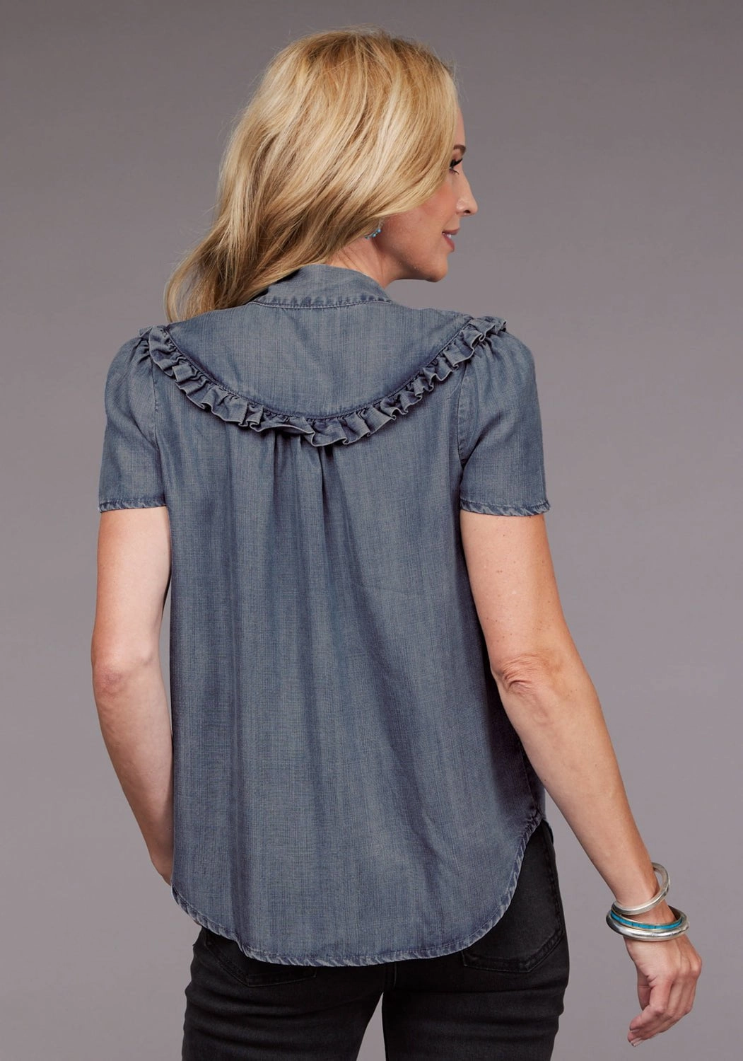 Stetson Womens Ruffled Yokes Blue Lyocell S/S Blouse High-End Fabric