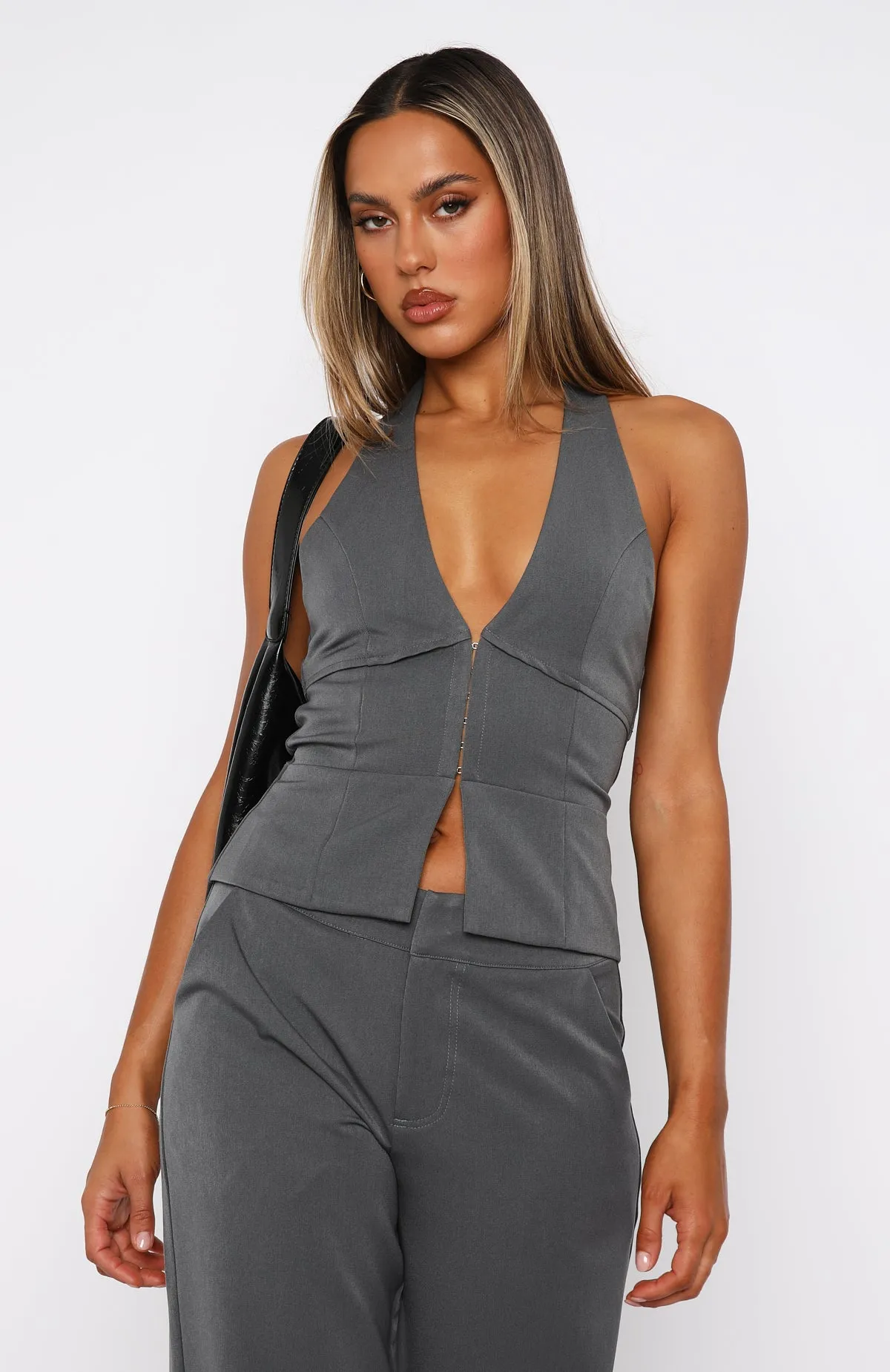 Only Acting Halter Top Charcoal Clean Fit Striped Design