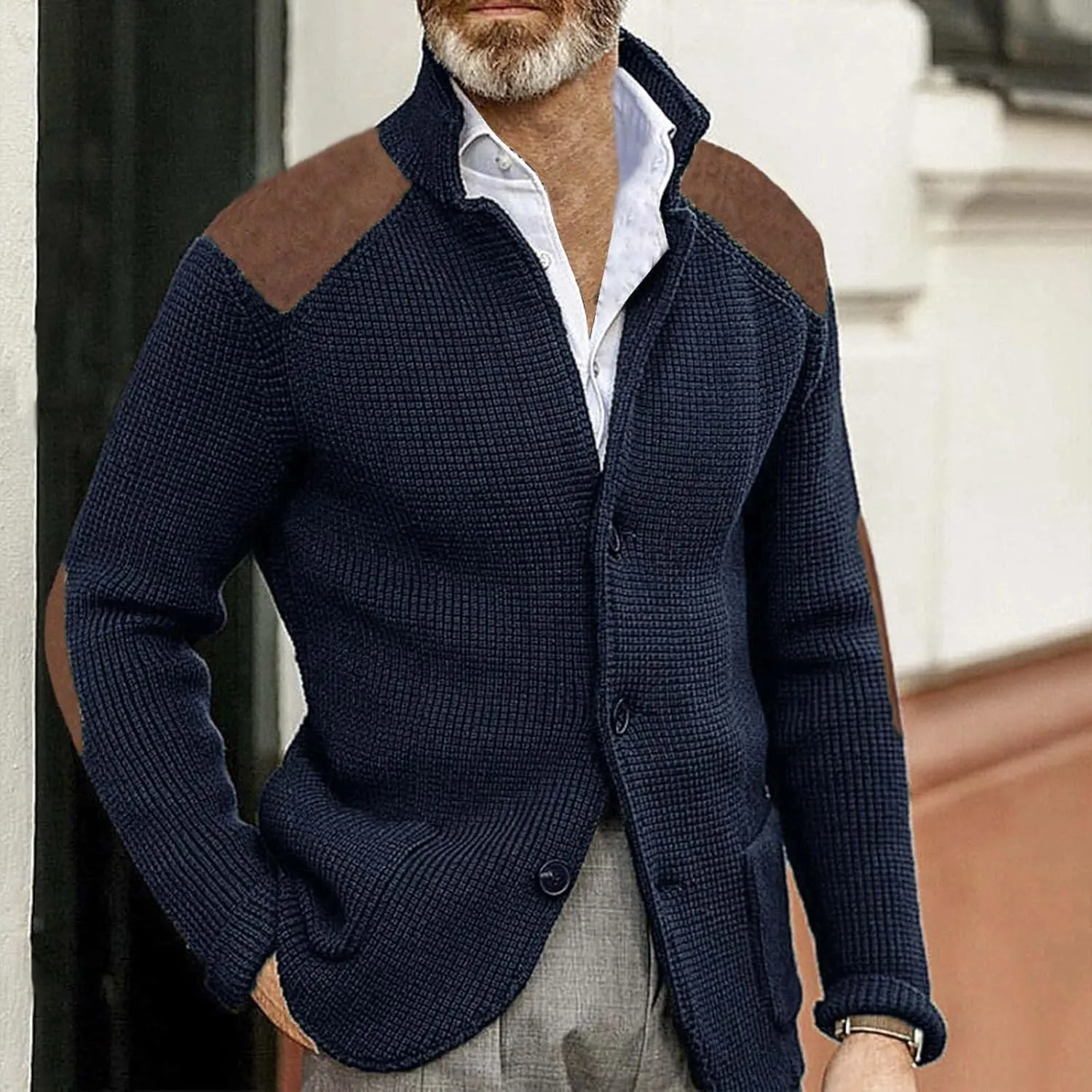 GOKKILRW Mens Cardigan Sweater Shawl Collar Button Down Elbow Patch Cable Knit Winter Chunky Warm Sweaters with Pockets