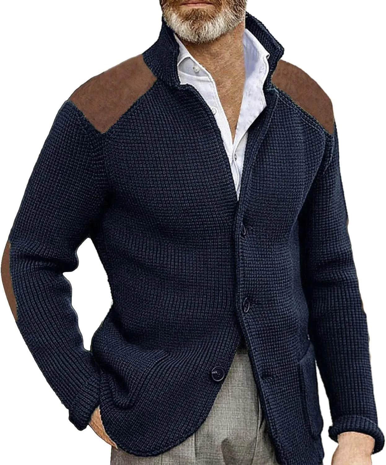GOKKILRW Mens Cardigan Sweater Shawl Collar Button Down Elbow Patch Cable Knit Winter Chunky Warm Sweaters with Pockets