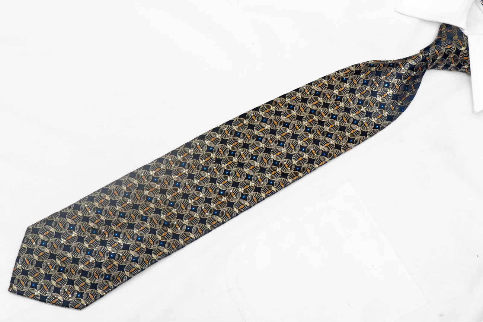Gold Geometric On Navy Rhinestone Silk Necktie With Silver Sparkles