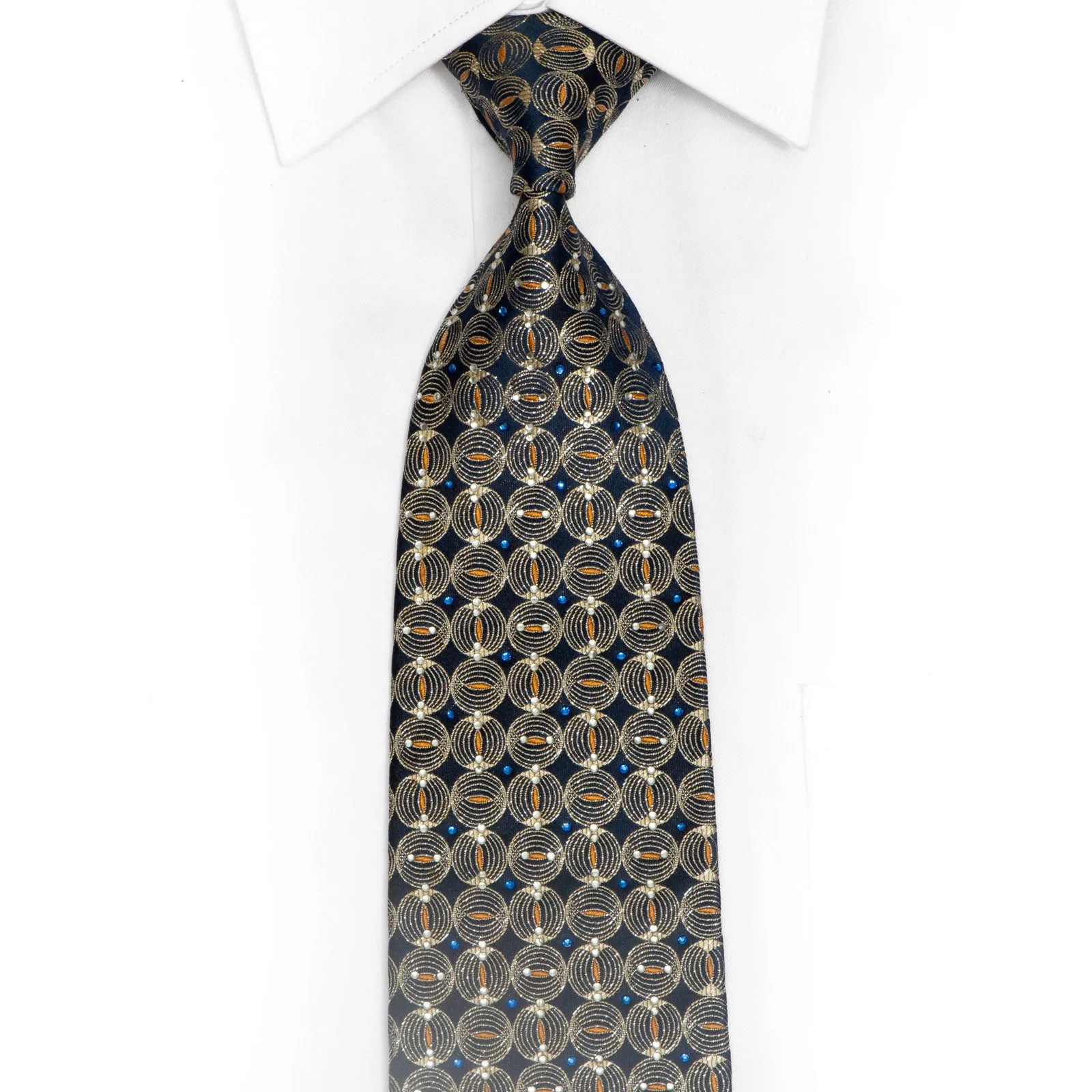 Gold Geometric On Navy Rhinestone Silk Necktie With Silver Sparkles