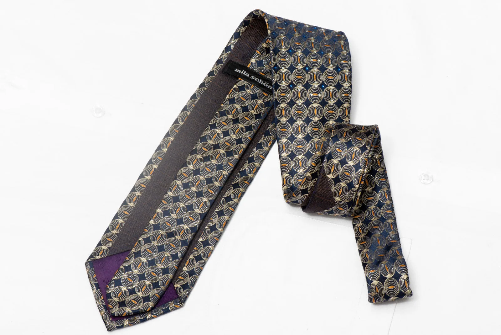 Gold Geometric On Navy Rhinestone Silk Necktie With Silver Sparkles