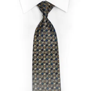 Gold Geometric On Navy Rhinestone Silk Necktie With Silver Sparkles