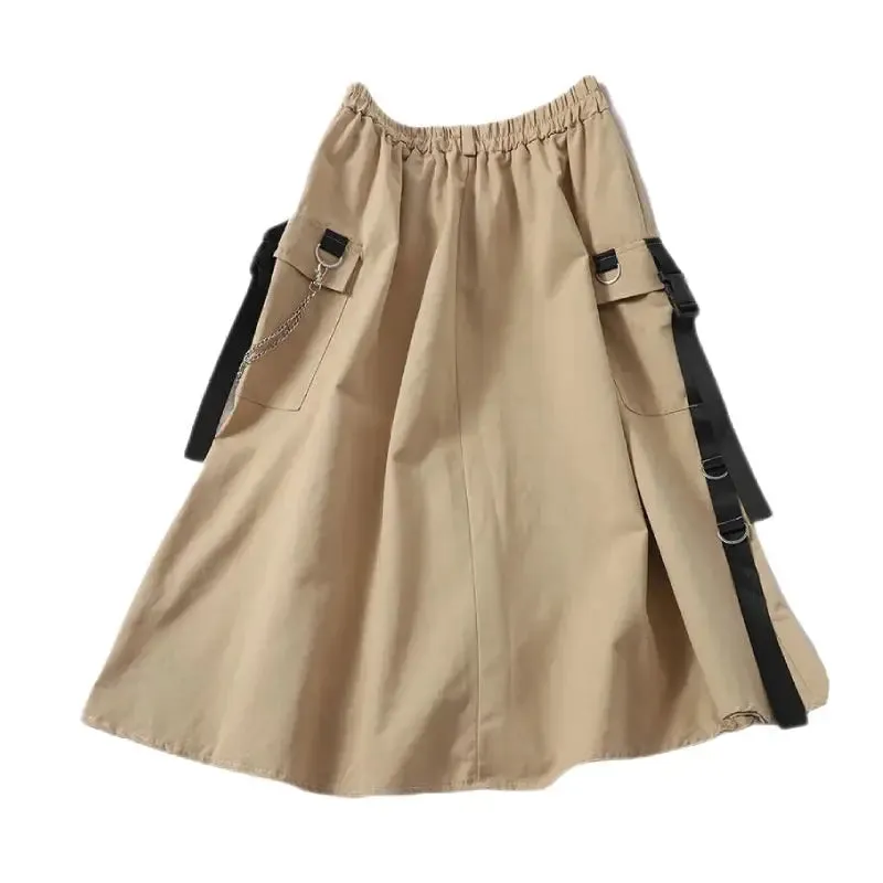 Gothic High Waist Cargo Loose A line Midi Skirts