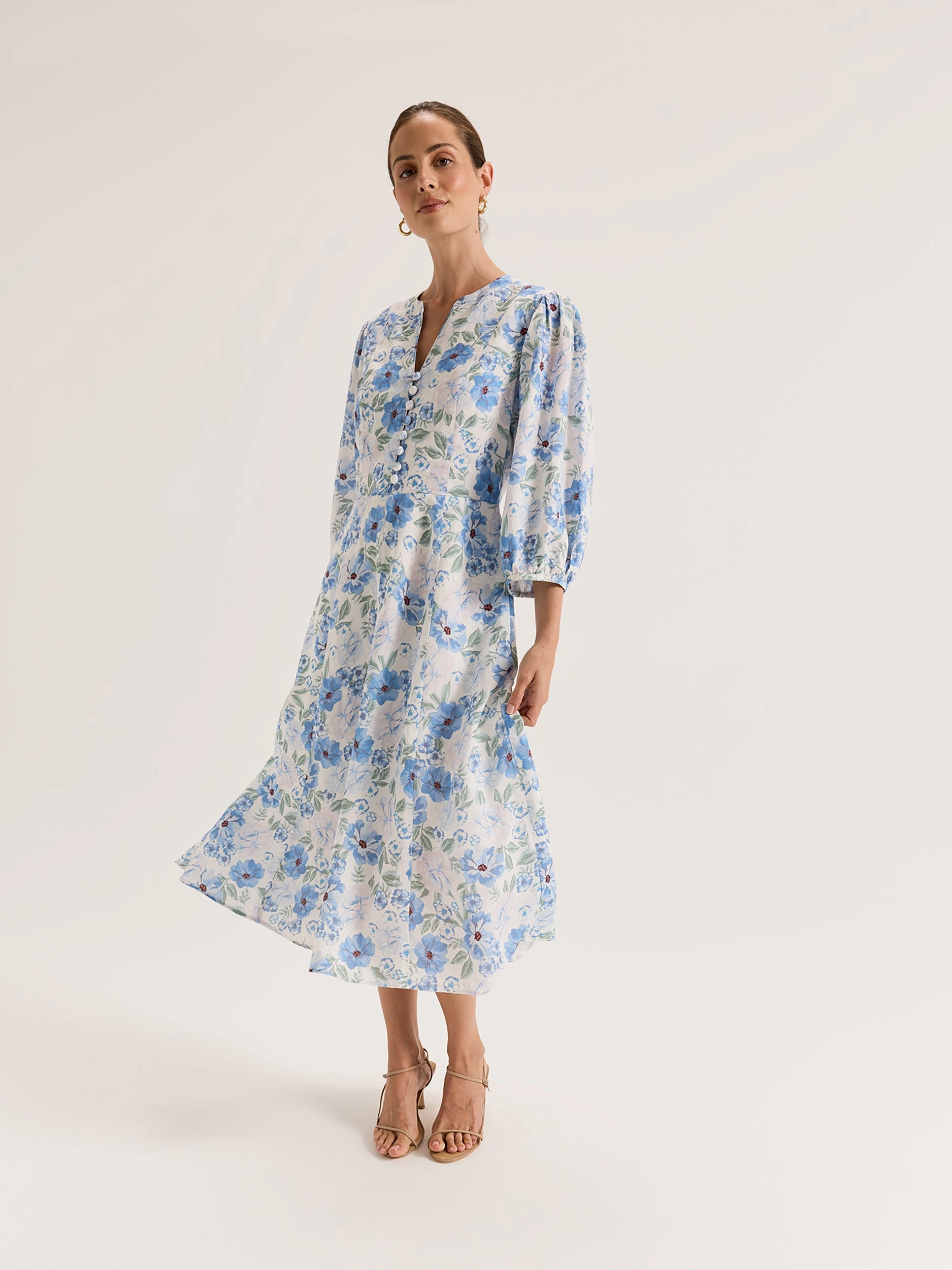 Pleated-Skirt Pink Glow Chelsea Floral Midi Dress