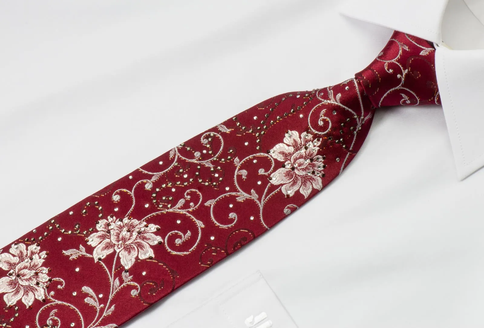 Grang Cia Men's Silk Rhinestone Tie Silver Floral Design On Burgundy With Silver Sparkles