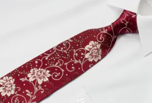 Grang Cia Men's Silk Rhinestone Tie Silver Floral Design On Burgundy With Silver Sparkles