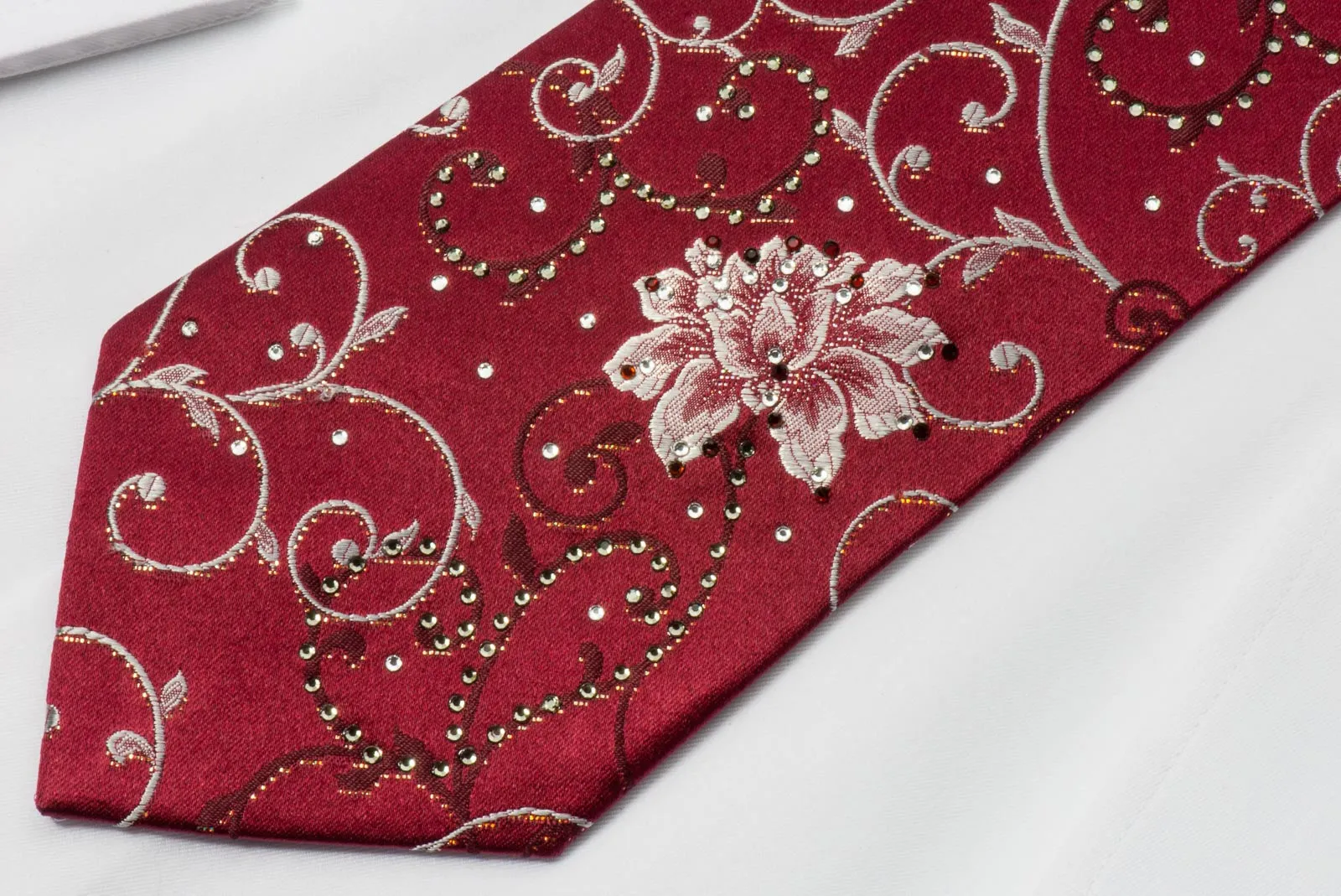 Grang Cia Men's Silk Rhinestone Tie Silver Floral Design On Burgundy With Silver Sparkles