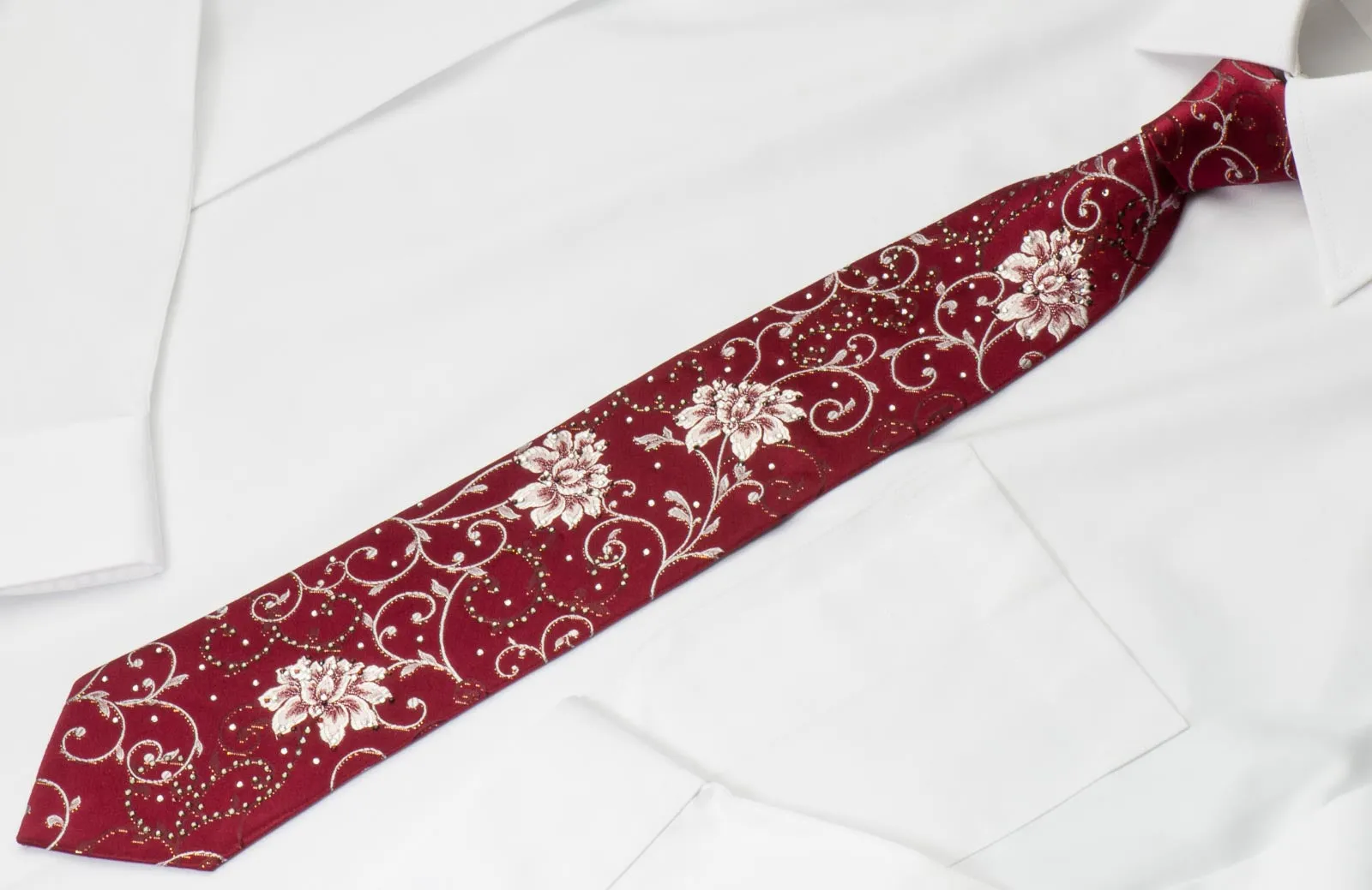 Grang Cia Men's Silk Rhinestone Tie Silver Floral Design On Burgundy With Silver Sparkles