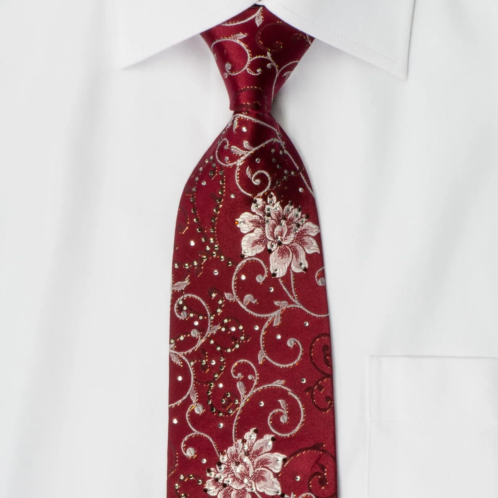 Grang Cia Men's Silk Rhinestone Tie Silver Floral Design On Burgundy With Silver Sparkles