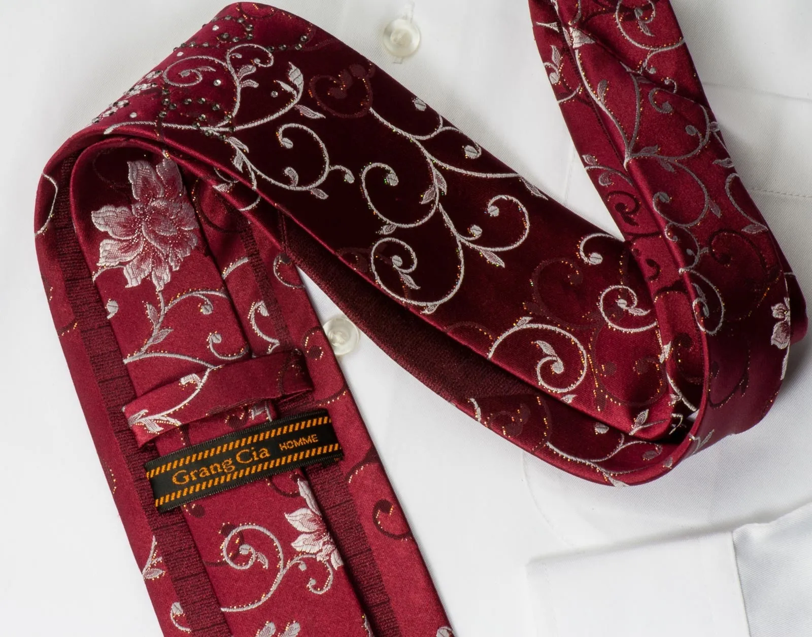 Grang Cia Men's Silk Rhinestone Tie Silver Floral Design On Burgundy With Silver Sparkles