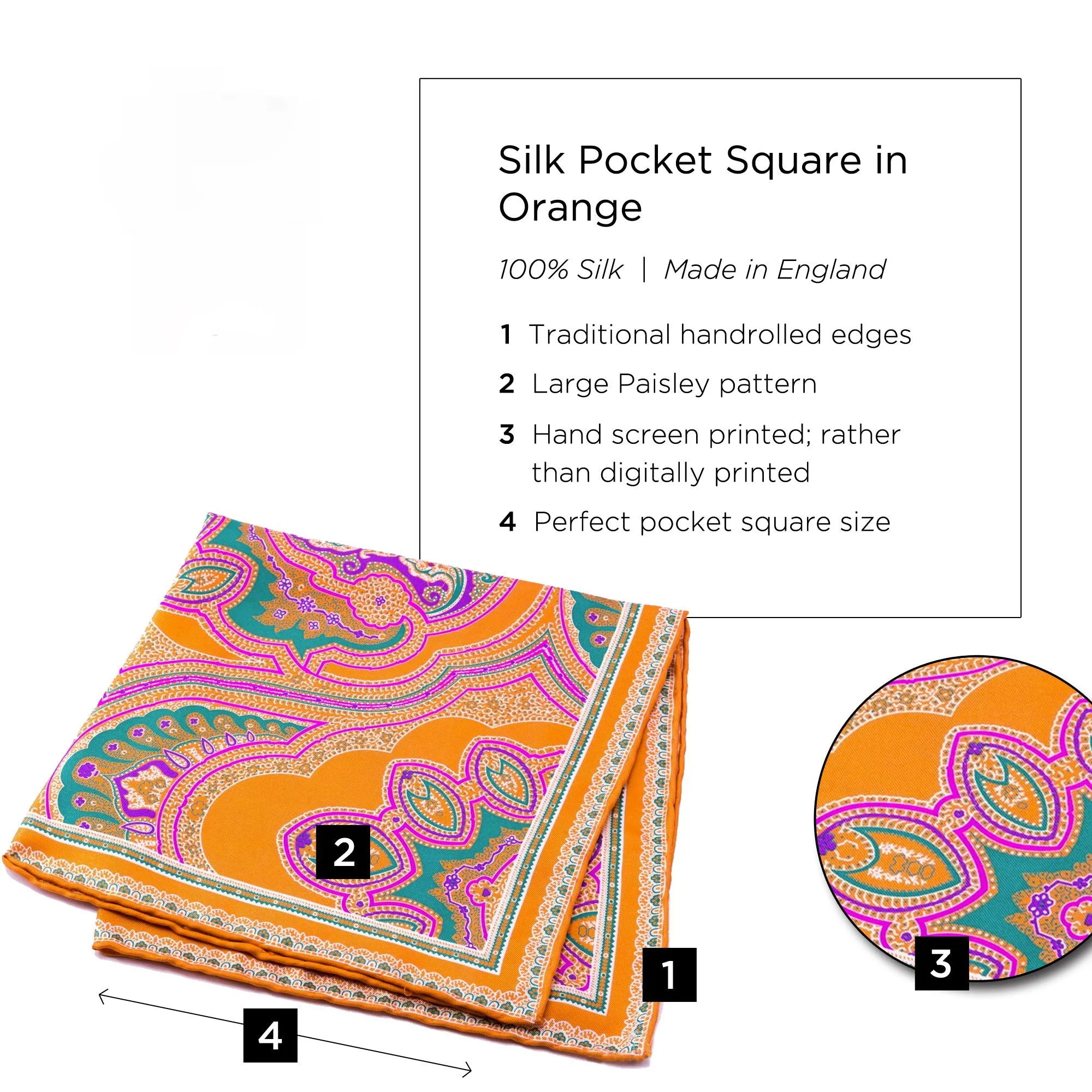 Green & Pink Large Paisley Silk Pocket Square
