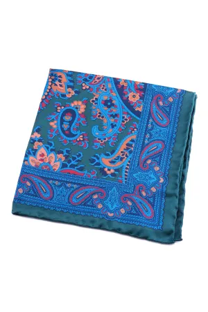 Green & Turquoise Paisley Madder Silk Pocket Square