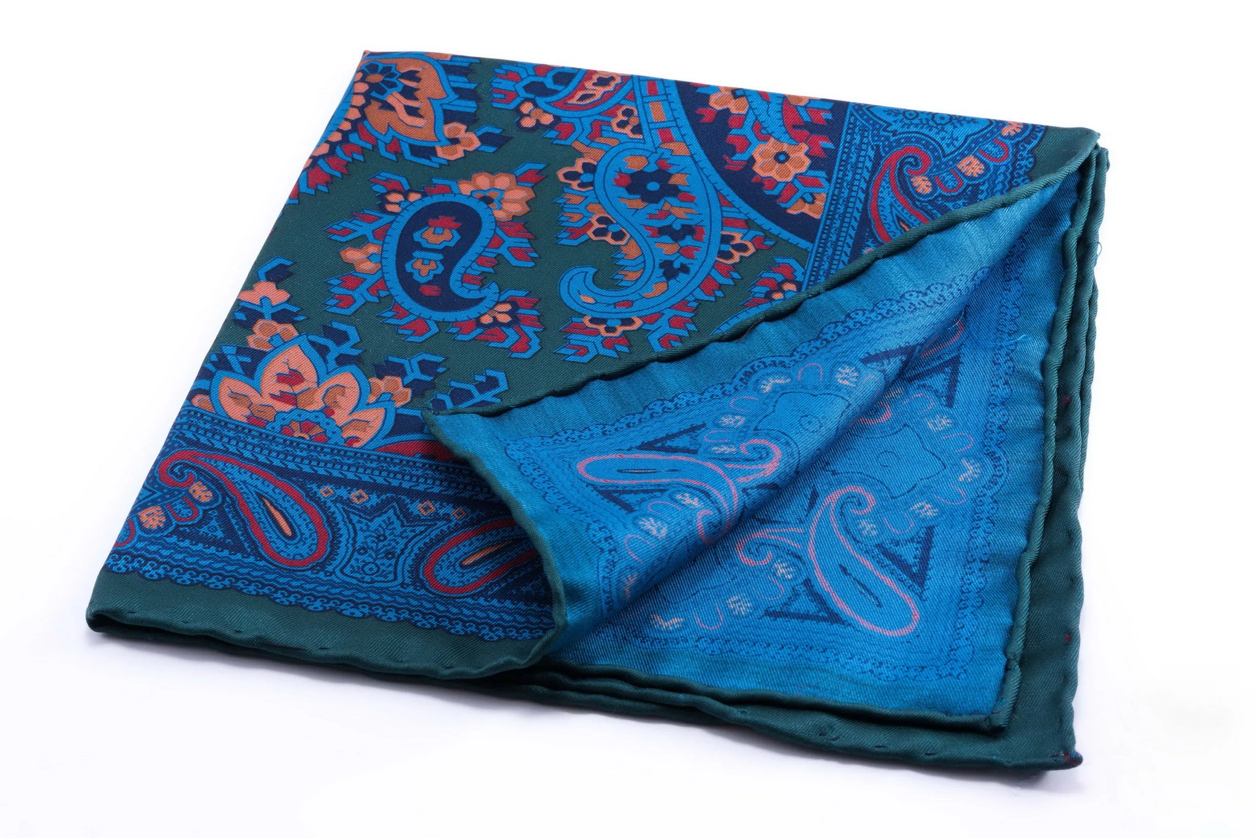 Green & Turquoise Paisley Madder Silk Pocket Square
