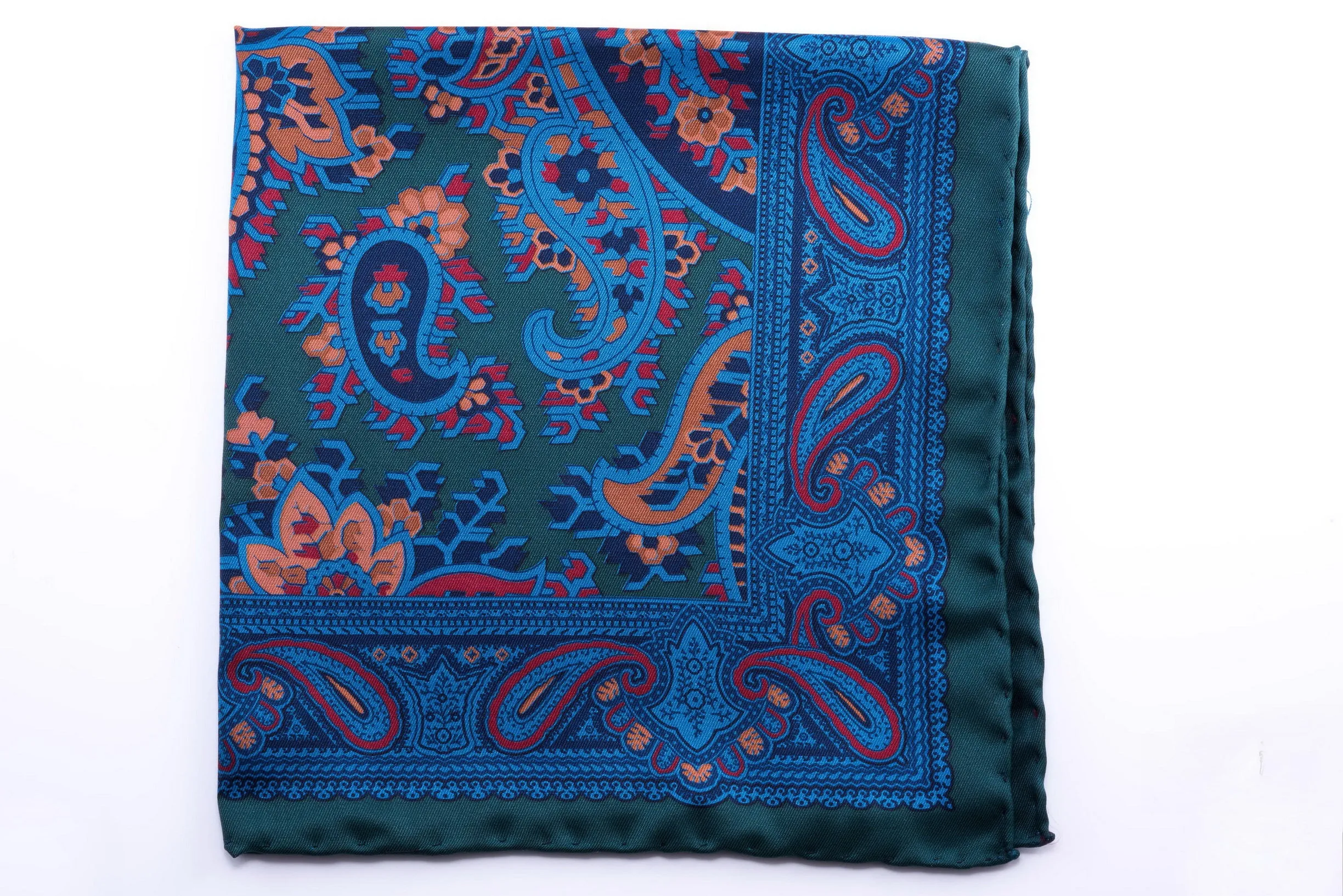 Green & Turquoise Paisley Madder Silk Pocket Square