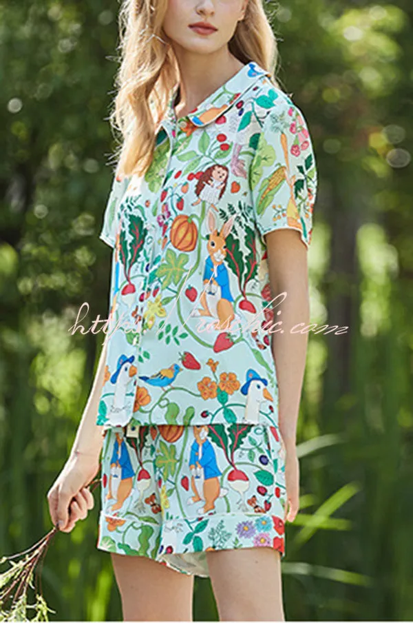 Green Carrot and Bunny Print Home Shorts Two-piece Set