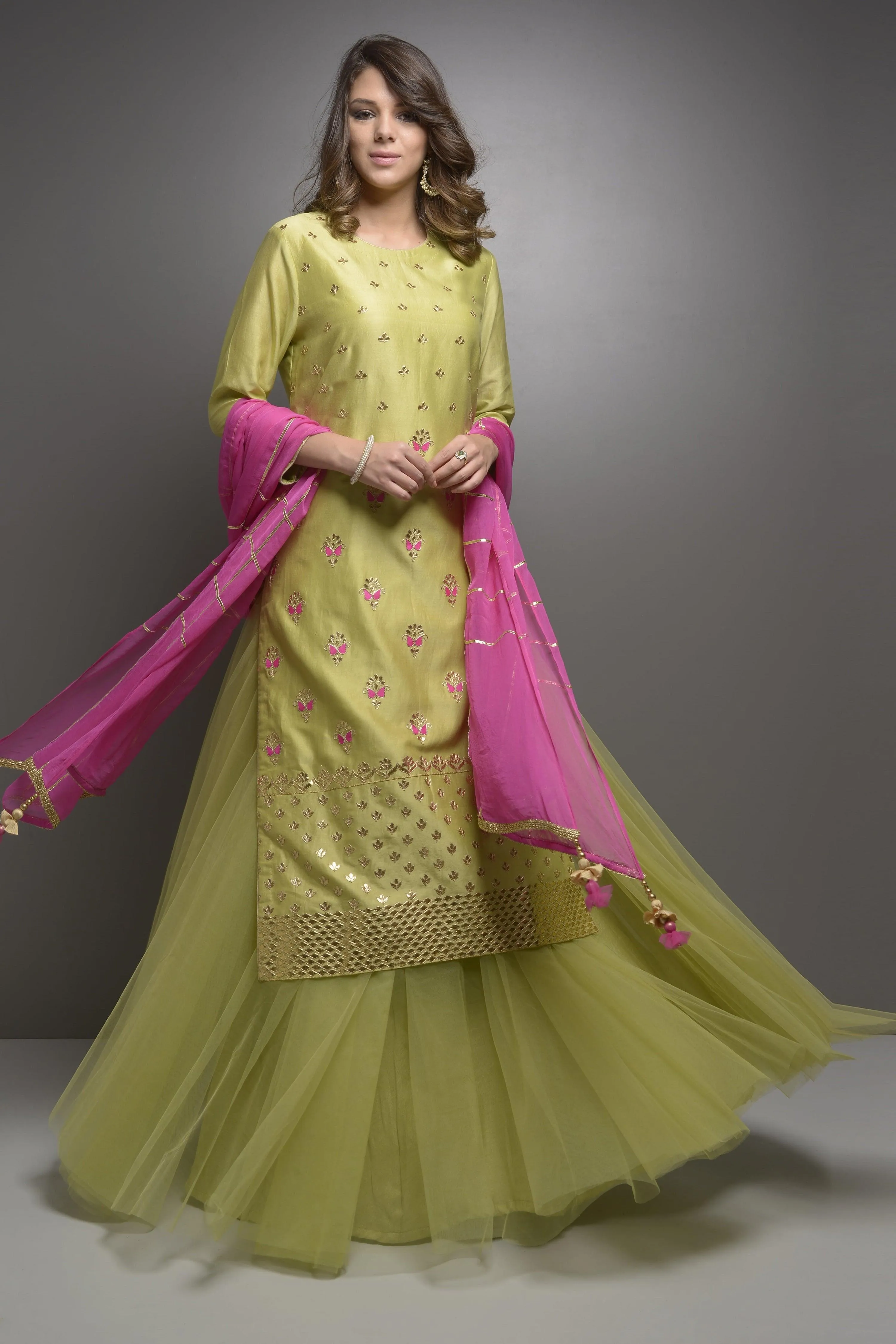 Green Gota & Resham Embroidery Kurta with Skirt