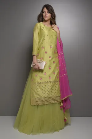 Green Gota & Resham Embroidery Kurta with Skirt