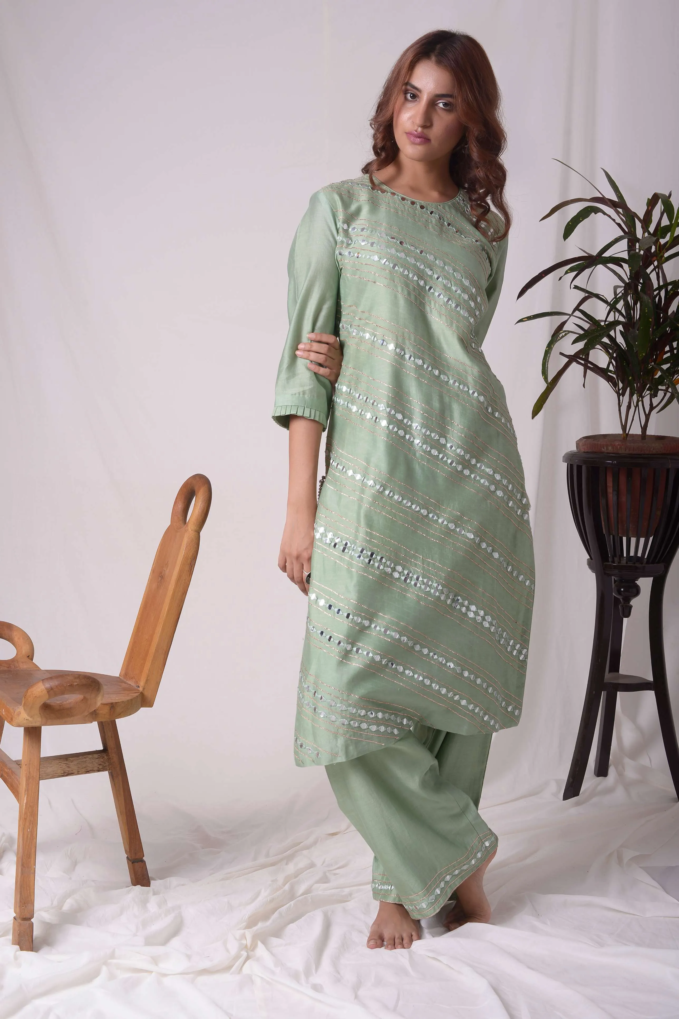 Green Mirror Work Chanderi Kurta with Pants