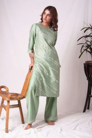Green Mirror Work Chanderi Kurta with Pants