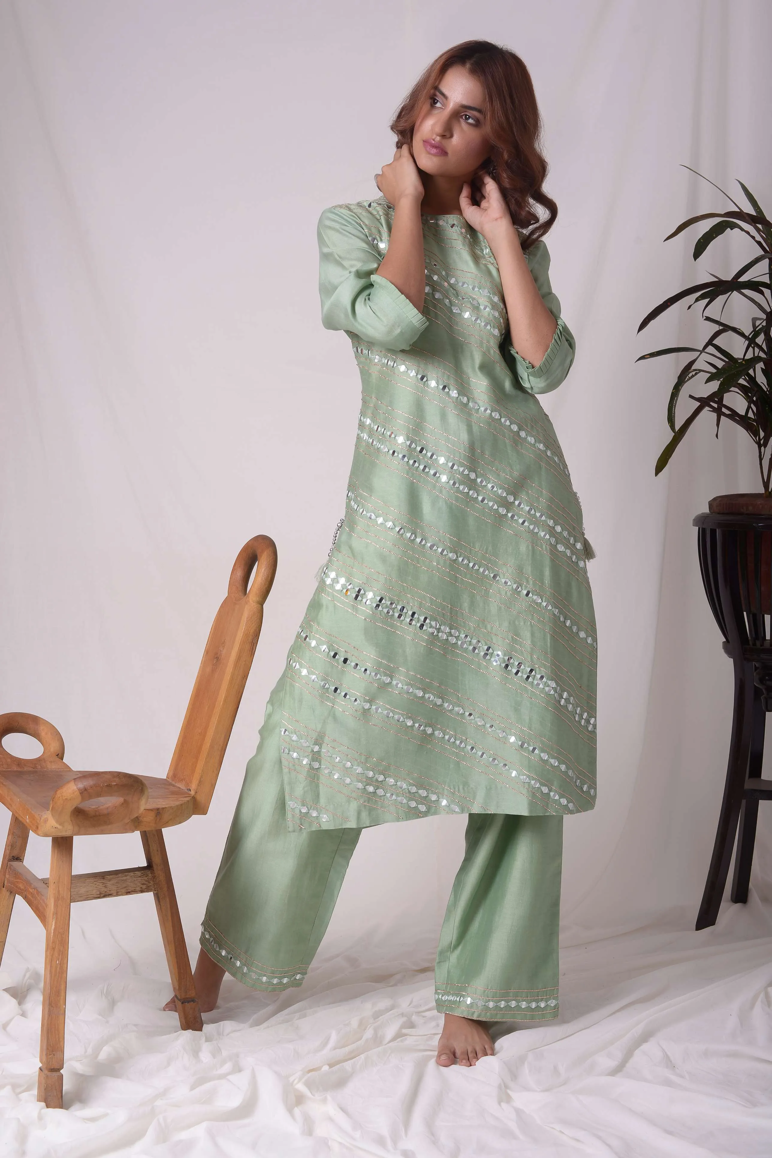 Green Mirror Work Chanderi Kurta with Pants