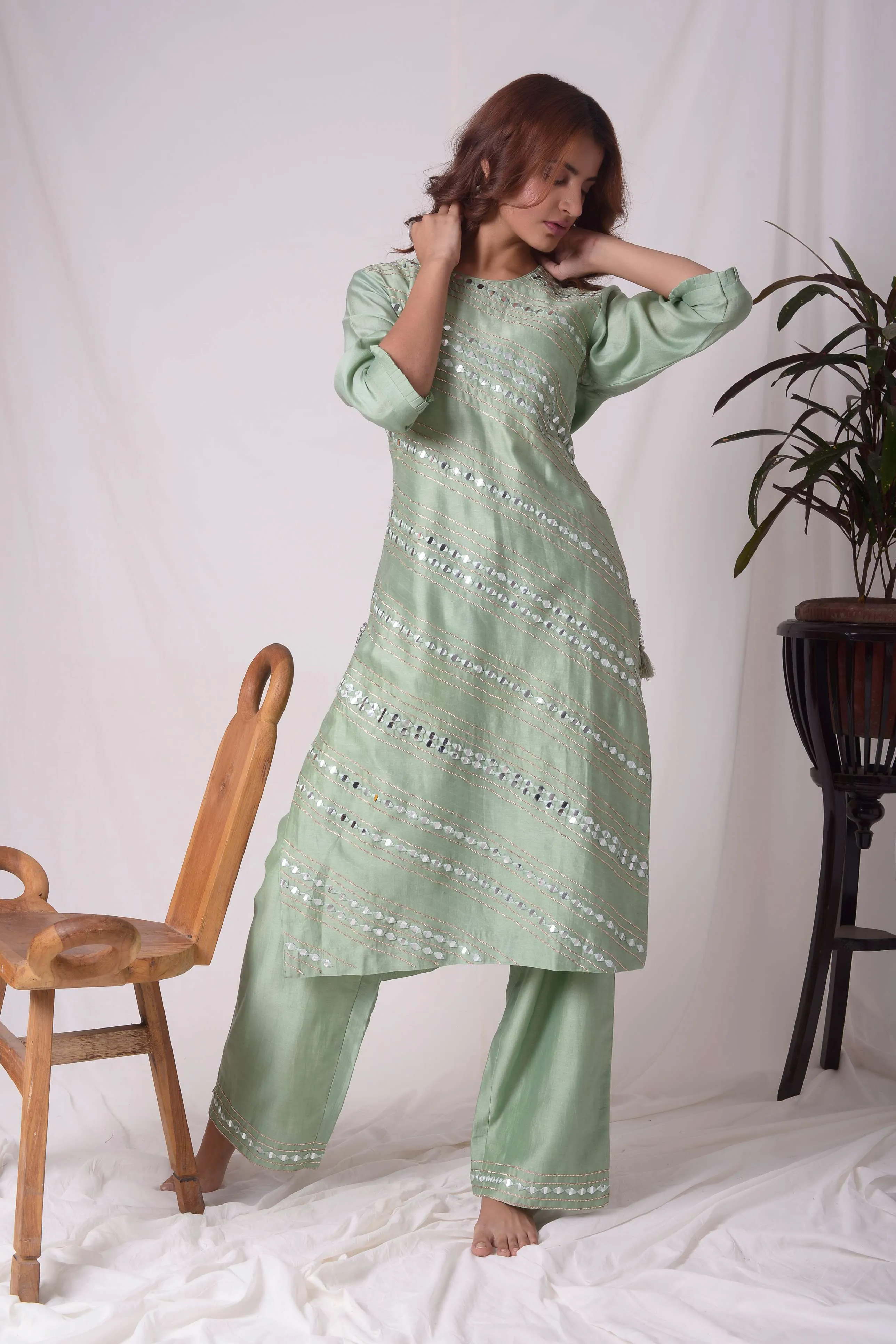 Green Mirror Work Chanderi Kurta with Pants