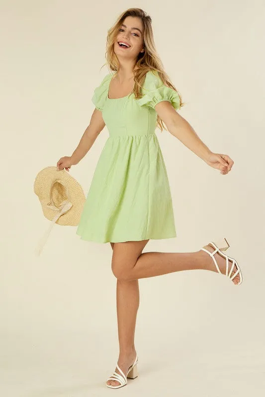 Green Tie back dress with puff sleeves