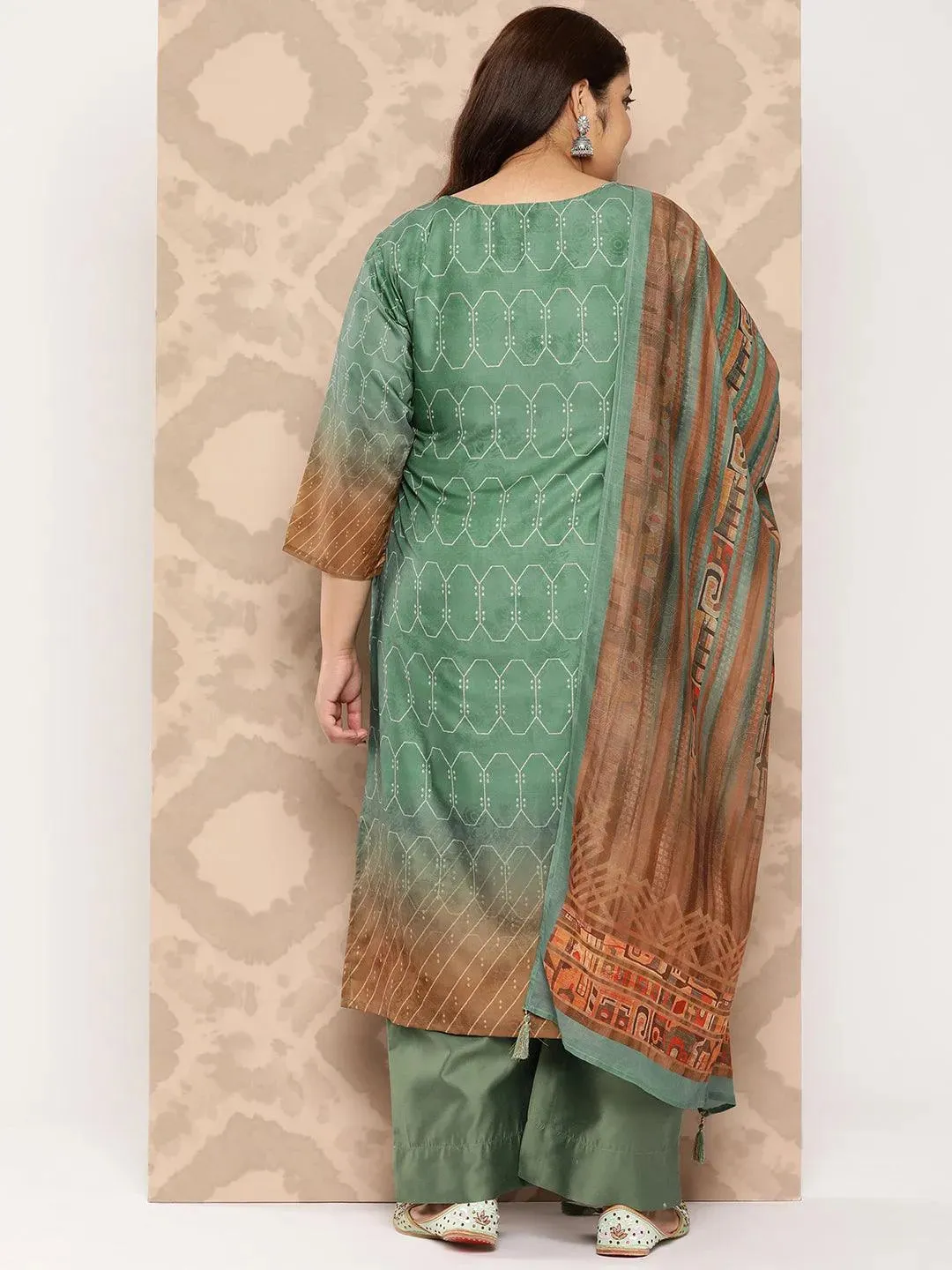 Green Yoke Design Silk Blend Straight Kurta With Trousers and Dupatta