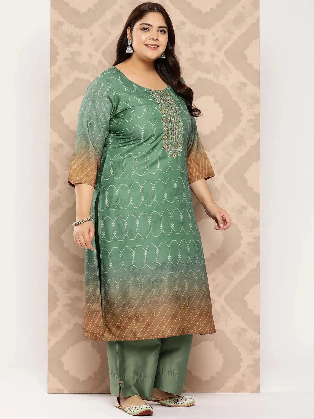 Green Yoke Design Silk Blend Straight Kurta With Trousers and Dupatta
